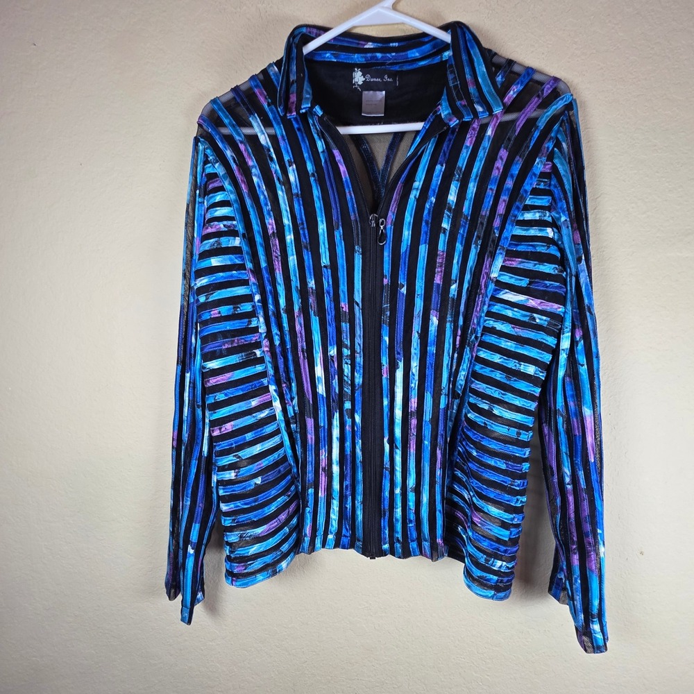 Damee Inc. Black Mesh Striped mesh‎ Jacket Blue Purple Abstract Size L party